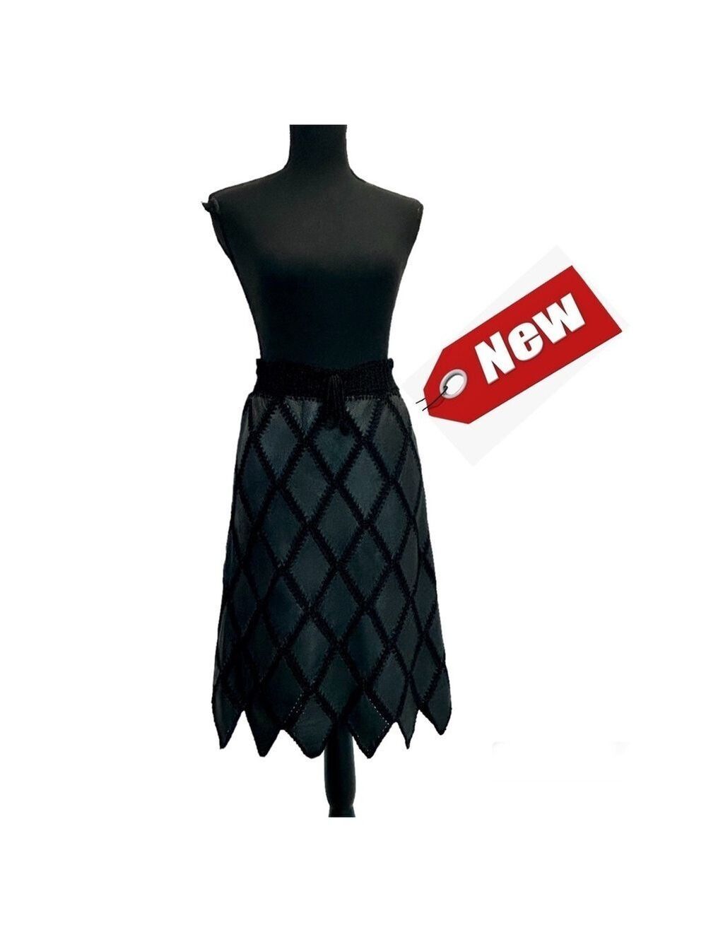 Vintage 70s Black Lambskin Leather Patchwork Crochet Gothic Midi Skirt NWT